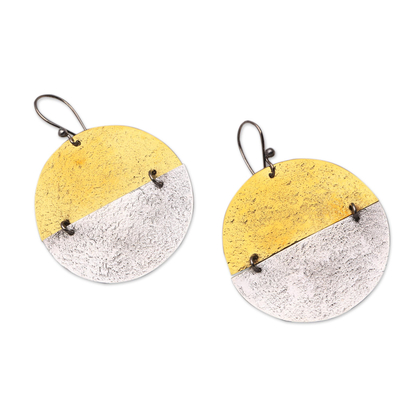Sterling silver and brass dangle earrings, 'In Between' - Circular Sterling Silver and Brass Dangle Earrings from Bali