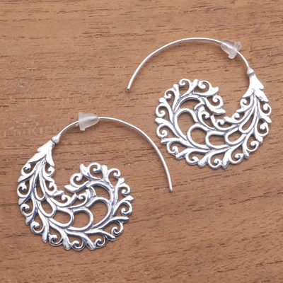 Sterling silver half-hoop earrings, 'Romantic Vines' - Vine Pattern Sterling Silver Half-Hoop Earrings from Bali