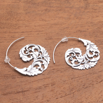 Sterling Silver Vine Half-Hoop Earrings from Bali - Garden Waves | NOVICA