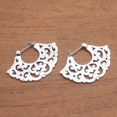 Sterling silver hoop earrings, 'Frilly Fans' - Frilly Sterling Silver Hoop Earrings from Bali