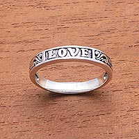 Love-Themed Sterling Silver Band Ring from Bali,'Love Swirls'
