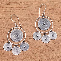 Circular Sterling Silver Chandelier Earrings from Bali,'Mesmerizing Discs'
