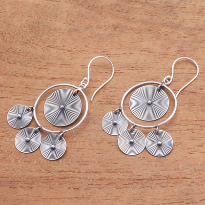 Sterling silver chandelier earrings, 'Mesmerizing Discs' - Circular Sterling Silver Chandelier Earrings from Bali
