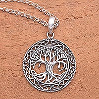 Sterling silver pendant necklace, 'Ancient Tree' - Circular Tree Sterling Silver Pendant Necklace from Bali