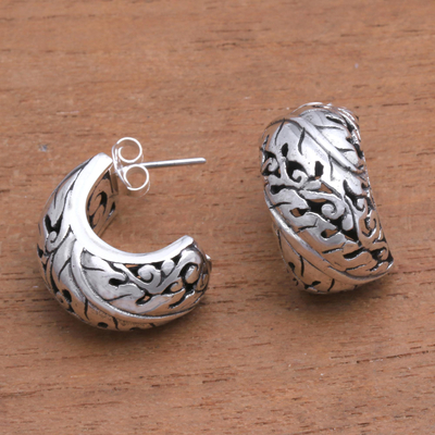 Sterling silver half-hoop earrings, 'Suspended Leaves' - Leaf Motif Sterling Silver Half-Hoop Earrings from Bali
