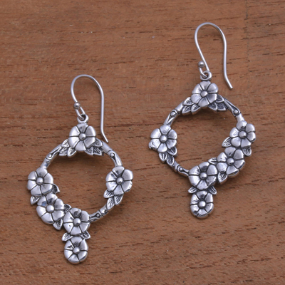 Sterling silver dangle earrings, 'Jepun Garland' - Frangipani Flower Sterling Silver Dangle Earrings from Bali