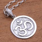 Sterling silver pendant necklace, 'Omkara Disc' - Circular Sterling Silver Om Pendant Necklace from Bali
