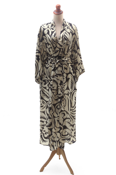 Silk robe, 'Elegant Shadow' - Leaf and Floral Motif Printed Silk Robe from Bali