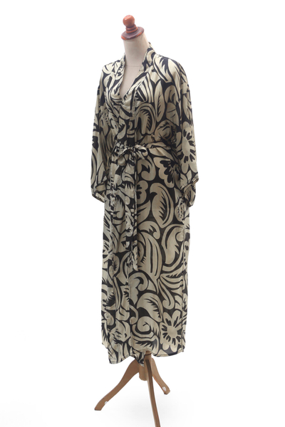 Silk robe, 'Elegant Shadow' - Leaf and Floral Motif Printed Silk Robe from Bali