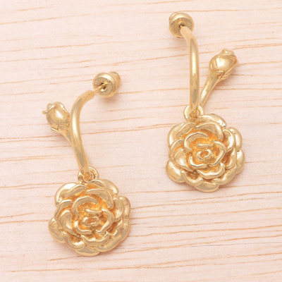 Gold plated sterling silver dangle earrings, 'Glinting Roses' - 18k Gold Plated Sterling Silver Rose Earrings from Bali