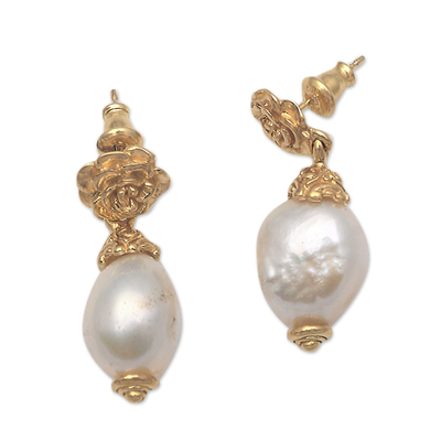 Gold plated cultured pearl dangle earrings, 'White Rose Bloom' - Floral Gold Plated Cultured Pearl Dangle Earrings from Bali