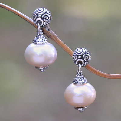 Cultured pearl dangle earrings, 'Pink Buddha's Curls' - Pink Cultured Pearl Dangle Earrings from Bali