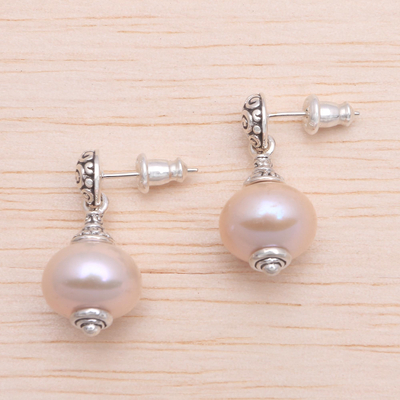 Cultured pearl dangle earrings, 'Pink Buddha's Curls' - Pink Cultured Pearl Dangle Earrings from Bali