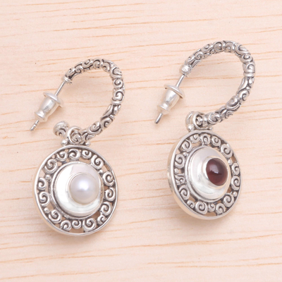 Cultured pearl and garnet dangle earrings, 'Hidden Buddha's Curls' - Reversible Cultured Pearl and Garnet Dangle Earrings
