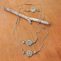 Chalcedony and peridot long station necklace, 'Buddha Gems' - Chalcedony and Peridot Long Station Necklace from Bali