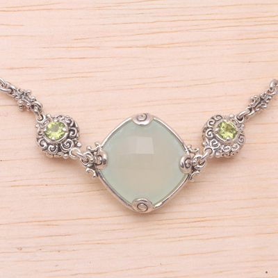 Chalcedony and peridot long station necklace, 'Buddha Gems' - Chalcedony and Peridot Long Station Necklace from Bali
