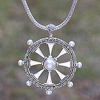 Cultured pearl pendant necklace, 'Buddha's Wheel'