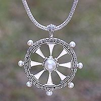 Cultured pearl pendant necklace, 'Buddha's Wheel' - Nautical Cultured Pearl Pendant Necklace from Bali