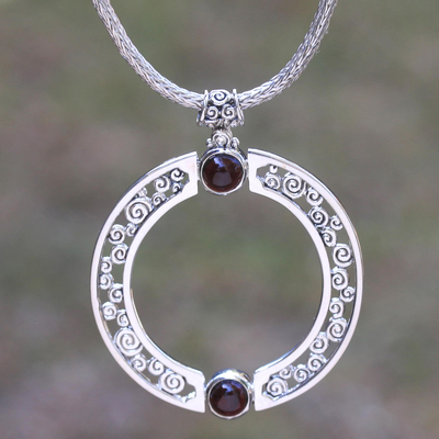 Garnet and cultured pearl pendant necklace, 'Faces of Buddha' - Garnet and Cultured Pearl Reversible Pendant Necklace