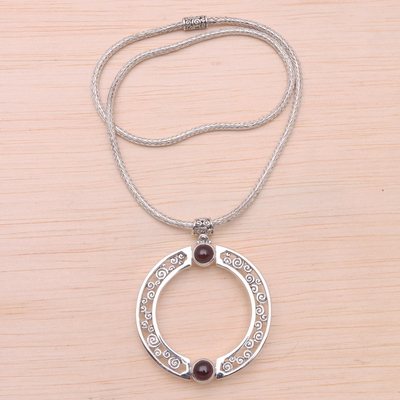 Garnet and cultured pearl pendant necklace, 'Faces of Buddha' - Garnet and Cultured Pearl Reversible Pendant Necklace