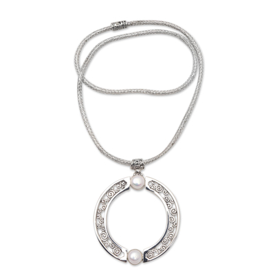 Reversible garnet and cultured pearl pendant necklace, 'Faces of Buddha' - Garnet and Cultured Pearl Reversible Pendant Necklace