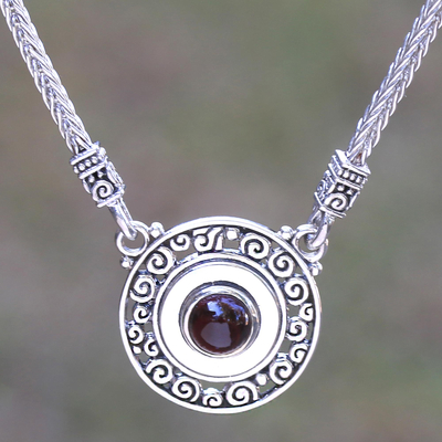 Cultured pearl and garnet pendant necklace, 'Buddha's Gong' - Reversible Cultured Pearl and Garnet Pendant Necklace