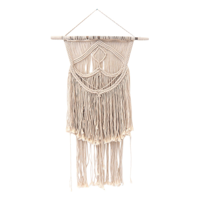 Cotton wall hanging, 'Macrame Breeze' - Hand-Knotted Macrame Wall Hanging in Ivory from Bali