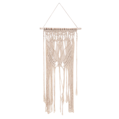 Cotton wall hanging, 'Macrame Bliss' - Hand-Knotted Fringed Cotton Wall Hanging from Bali