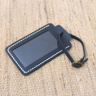 Leather luggage tag, 'Identity in Black' - Brown Leather Luggage Tag in Brown Crafted in Java