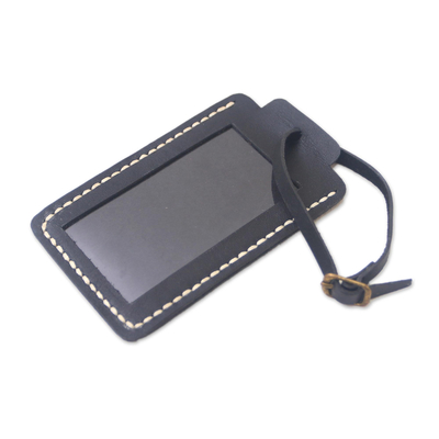 Leather luggage tag, 'Identity in Black' - Brown Leather Luggage Tag in Brown Crafted in Java