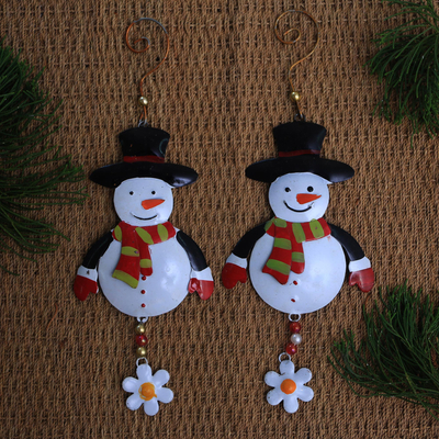 Steel ornaments, 'Snowman Delight' (pair) - Handcrafted Steel Snowman Ornaments from Bali (Pair)