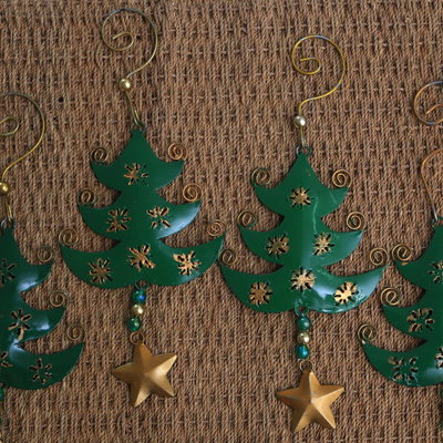 Steel ornaments, 'Starry Trees' (set of 4) - Handmade Steel Tree Ornaments from Bali (Set of 4)