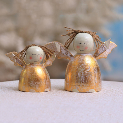 Wood holiday decor, 'Happy Angels' (pair) - Distressed Gold-Tone Wood Angel Holiday Decor (Pair)