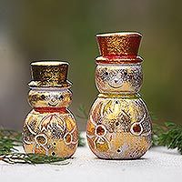 Wood holiday decor, 'Smiling Snowmen' (pair) - Distressed Gold-Tone Wood Snowman Holiday Decor (Pair)