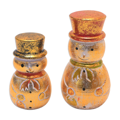 Wood holiday decor, 'Smiling Snowmen' (pair) - Distressed Gold-Tone Wood Snowman Holiday Decor (Pair)
