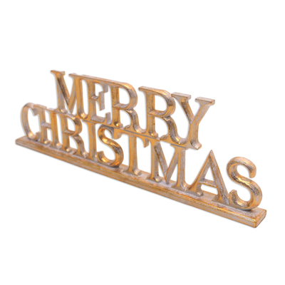 Wood holiday decor, 'Merry Christmas' - Distressed Gold-Tone Wood Christmas Decor from Bali