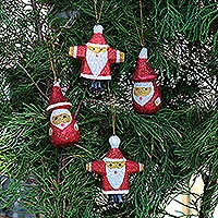 Wood ornaments, 'Sparkling Santas' (set of 4)