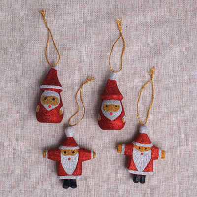 Wood ornaments, 'Sparkling Santas' (set of 4) - Glittering Wood Santa Ornaments from Bali (Set of 4)