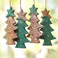 Wood ornaments, 'Sparkling Christmas Trees' (set of 4)