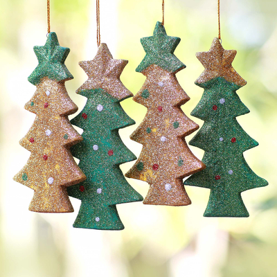 Wood ornaments, Sparkling Christmas Trees (set of 4)