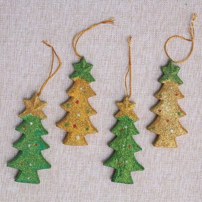 Wood ornaments, 'Sparkling Christmas Trees' (set of 4) - Sparkling Wood Christmas Tree Ornaments from Bali (Set of 4)