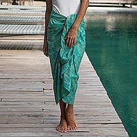 Batik rayon sarong, 'Rainy Vibe' - Hand-Stamped Batik Rayon Sarong from Bali