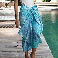 Oceanic Hand-Stamped Batik Rayon Sarong from Bali, 'Life Underwater