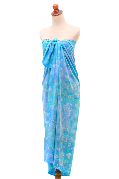 Oceanic Hand-Stamped Batik Rayon Sarong from Bali, 'Life Underwater