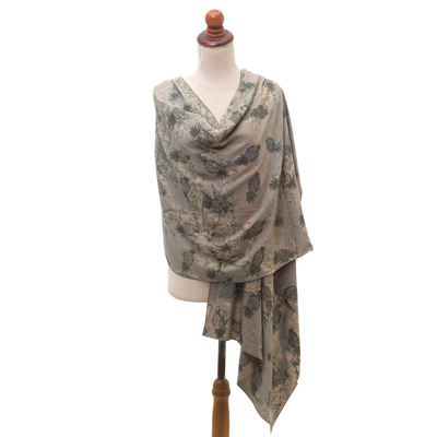 Beaded rayon batik shawl, 'Elegant Pineapple' - Beaded Hand-Stamped Batik Pineapple Rayon Shawl from Bali