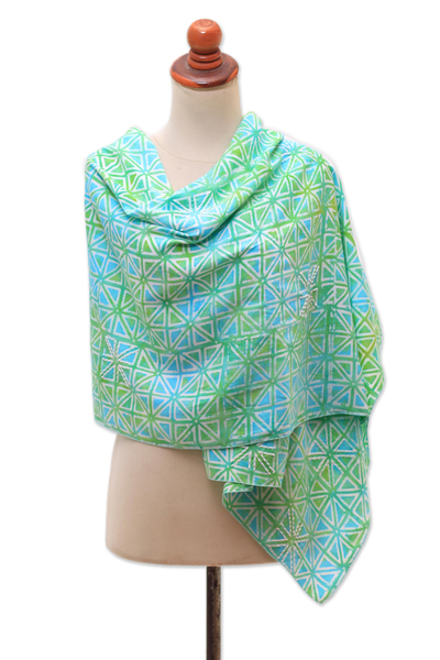 Batik rayon shawl, 'Elegant Pave' - Geometric Hand-Stamped Batik Rayon Shawl from Bali