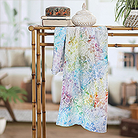 Batik rayon shawl, 'Rainbow Hibiscus' - Hibiscus Flower Batik Rayon Shawl from Bali