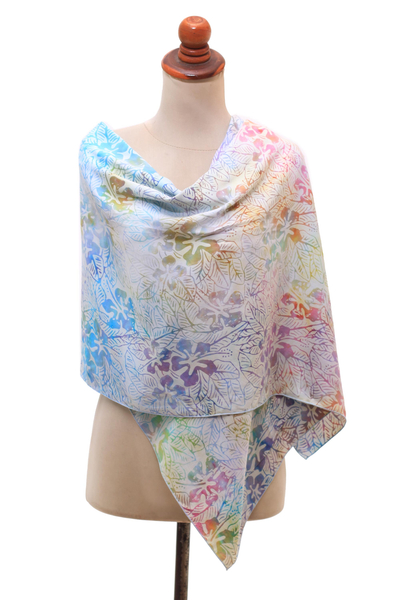 Rayon batik shawl, 'Rainbow Hibiscus' - Hibiscus Flower Batik Rayon Shawl from Bali