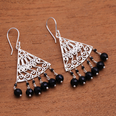 Onyx chandelier earrings, 'Spiral Fascination' - Spiral Pattern Onyx Chandelier Earrings from Bali