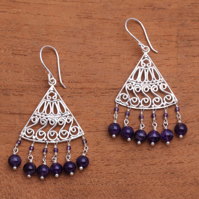 Amethyst chandelier earrings, 'Spiral Fascination' - Spiral Pattern Amethyst Chandelier Earrings from Bali